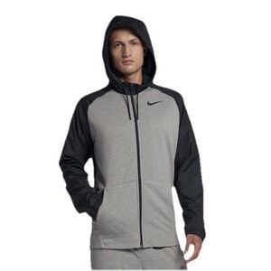 Nike Dri-FIT Full Zip Hoodie Mens M Grey Black Hybrid Windbreaker Jacket Sport